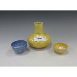 A Ruskin club shaped Vase with yellow glaze, small Bowl with yellow glaze and a small Bowl with blue