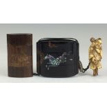 Two Japanese Inro,Meiji/Taisho Period,Including an aogai inlaid roiro nuri case decorated with a