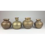 Four 18th Century Indian engraved brass Vessels, Comprising a Lahore huqqa base, two lotas and a