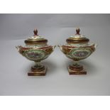 A pair of 19th Century Sevres style two-handled Urns and Covers painted reserves of birds, flowers