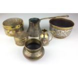 Six Cairoware silver and copper inlaid brass items, c 1900, Syria, Including a coffee pot, small