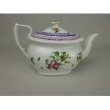 A New Hall boat shaped Teapot with Cover, painted floral designs in coloured enamels, pink and