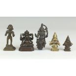 Five small 19th Century Indian bronze Figures of Deities, Including a seated four armed Ganesha, two