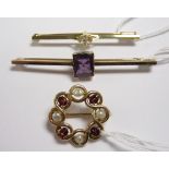 A Garnet and Freshwater Pearl Brooch, a Bar Brooch set synthetic colour change stone and a Diamond