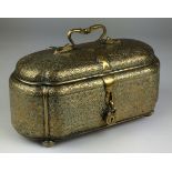A 19th Century Anglo-Indian carved brass Casket,Sri Lanka, Decorated with scrolling arabesques and