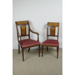 A set of six Edwardian satinwood marquetry Dining Chairs with classical scrolled leafage design, the