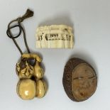Three Japanese Netsuke, Meiji/Taisho Period,Comprising an ivory netsuke of two conjoined gourds,