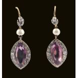 A pair of Amethyst and Diamond Ear Pendants each claw-set marquise-cut amethyst within a frame of