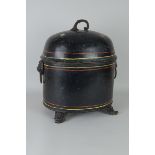 A 19th Century toleware Coal Bin with domed cover and lion mask ring handles, 17in