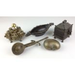 A group of Indian metal items, 18th/19th Century,Including a segmental spice box, a mango shaped