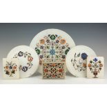 A group of parchin kari style hardstone inlaid marble items,Probably Agra,Comprising a plate, two