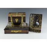 A Victorian coromandel Desk Stand with brass strapwork mounts set with green stones, two inkwells