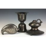 Three 19th Century Bidri items, Deccan, Comprising a double bell shaped Spittoon, a compressed
