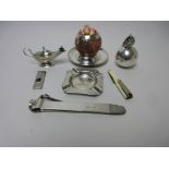 Two silver Table Lighters in the form of Aladdin's Lamp and Grenade, silver mounted bowl Match