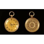 An 18ct gold cased open faced Pocket Watch with engraved dial and case and vacant cartouche