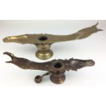 Two late 19th Century Changalvetta bronze Oil Lamps,Kerala, Of typical leaf forms with engraved
