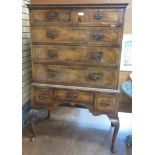 A Queen Anne style walnut Chest on Stand, the upper section fitted two short and three long