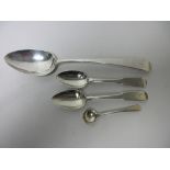 Four Scottish Provincial silver Spoons including Montrose Table Spoon, repaired, maker: Benjamin