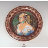 A Fulham Pottery Plate painted bust of young lady, floral decorated, 8 1/4in D