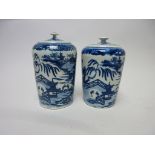 A near pair of Worcester blue and white Tea Caddies and Covers printed temple pattern, 4 1/4in,