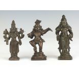 Three small 19th Century Indian bronze Figures of Vishnu and Krishna Kaliyadamana,tallest 4 in