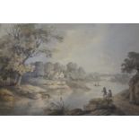 FOLLOWER OF THOMAS SUNDERLAND (1744-1823)A river landscape with two anglers fishingwatercolour,