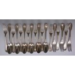 A collection of French .950 standard silver Flatware,Comprising six fiddle beaded thread & shell