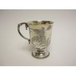 A Victorian silver Christening Mug with fern and butterfly engraving, initials, on beaded pedestal