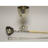 A George III silver Meat Skewer engraved crest, London 1812, maker: S.H., a George II Toddy Ladle