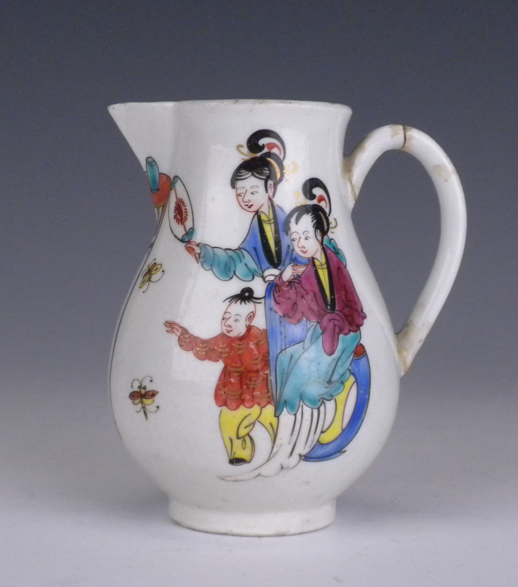 A Worcester sparrow beak Jug, c 1765-75, painted in colours with the ‘Chinese Family’ pattern,