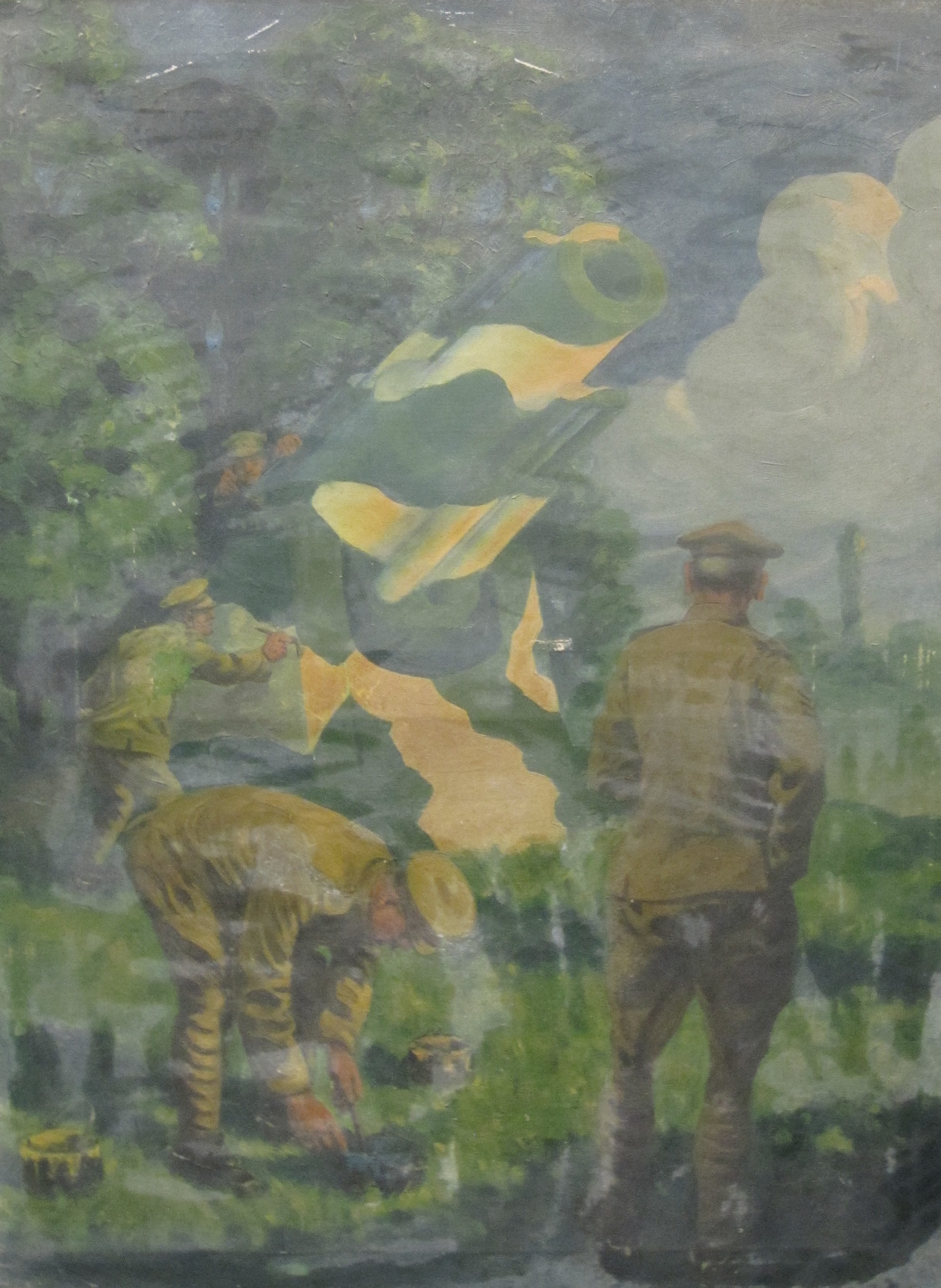 FOLLOWER OF CHRISTOPHER RICHARD W. NEVINSON (1889-1946)Soldiers camouflaging a heavy Field Gunoil on