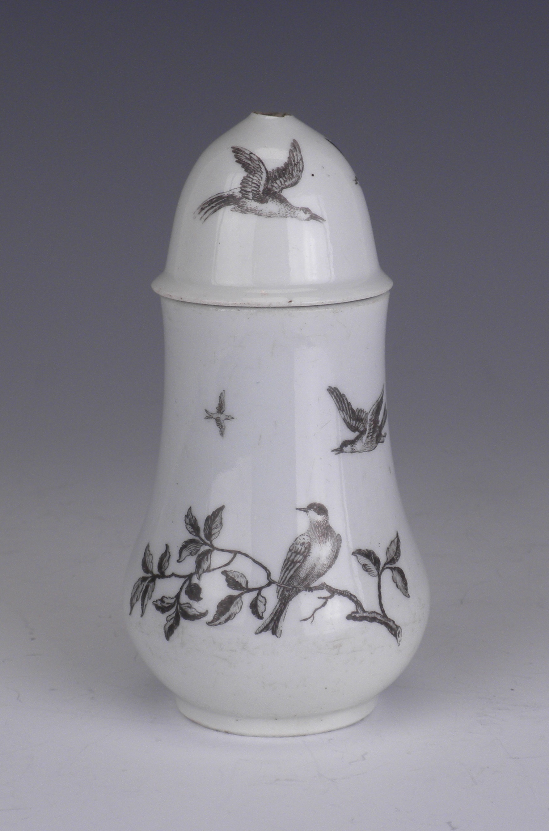 A rare Worcester Robert Hancock printed dry Mustard Pot and Cover, c 1765, of baluster form with