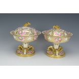 A pair of Coalport lidded Sucriers with pink rose and floral painted decoration, gilt leafage and