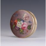 An early 19th Century porcelain circular Box and Cover, probably Staffordshire, painted on both