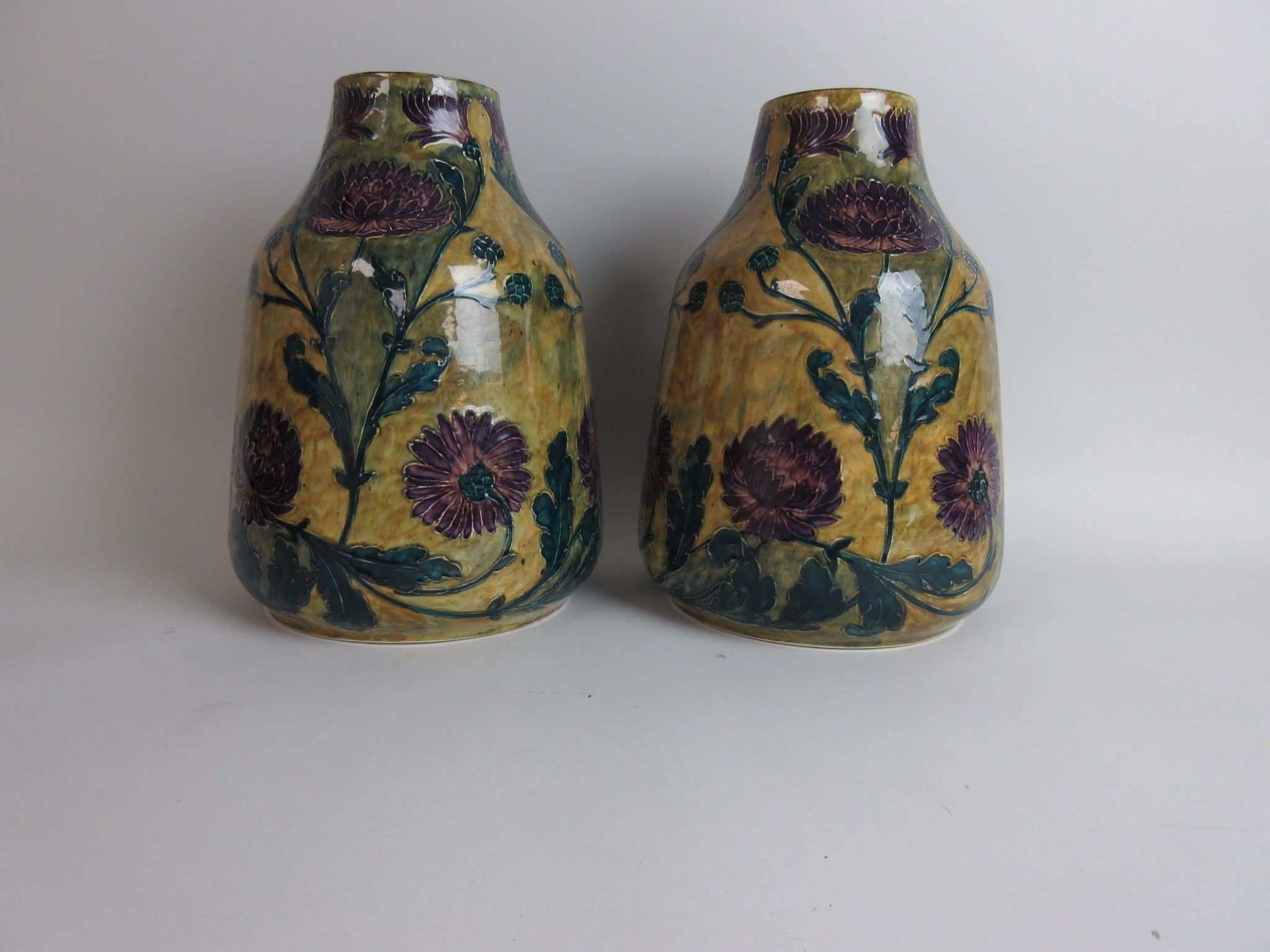 A pair of Hancock & Sons Morrisware Vases by George Cartlidge decorated purple chrysanthemums on a - Image 4 of 4