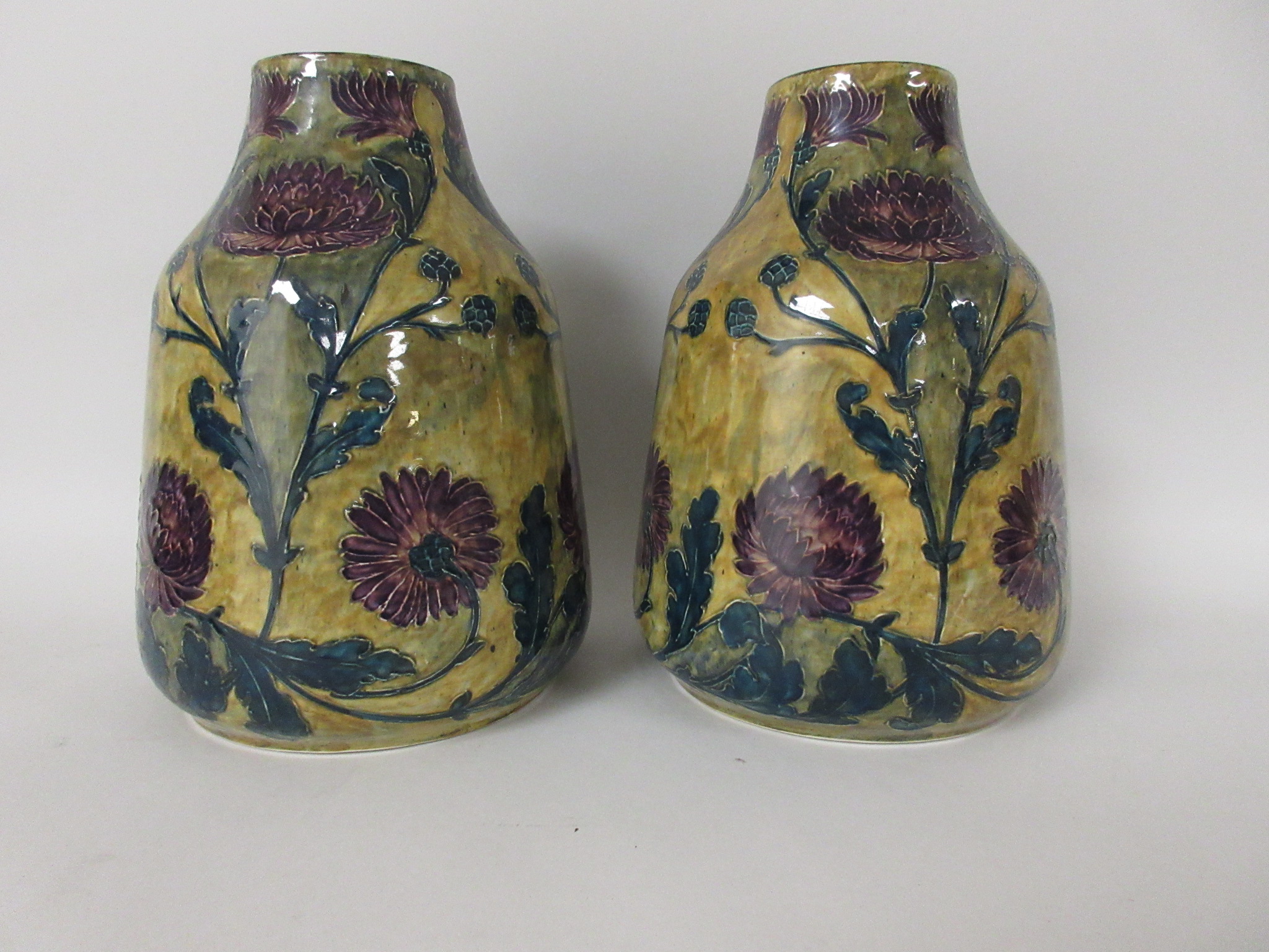 A pair of Hancock & Sons Morrisware Vases by George Cartlidge decorated purple chrysanthemums on a - Image 2 of 4