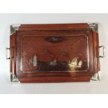 A Nice Quality Oriental White Metal Inlaid and Mounted Rectangular Rosewood Drinks Tray Decorated