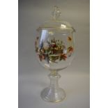 A Large Continental Hand Blown Punch Bowl and Cover Decorated with Fruit, Wine Bottles,