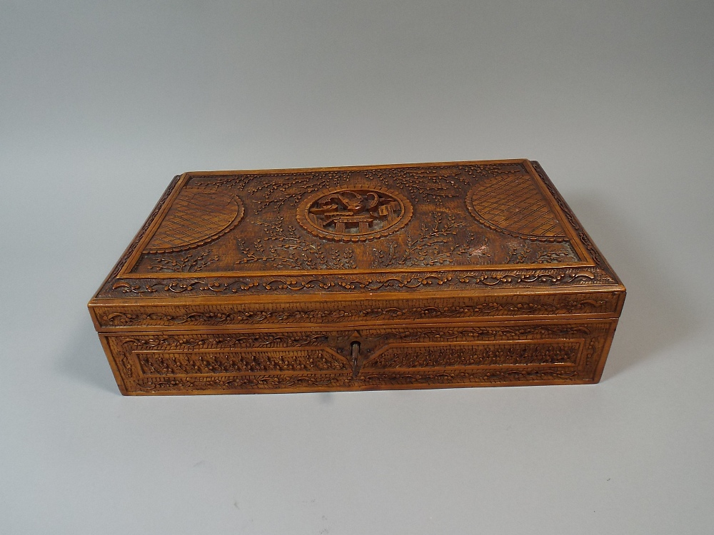 A Finely Carved Oriental Work Box with Eagle Centre Cartouche. 33.5 x 20 x 9.5 Cm.