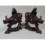 A Good Pair of Oriental Carved Hardwood Water Buffalo with Inlaid Silver Decorated and Glass Eyes