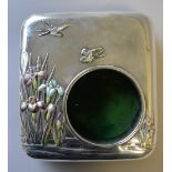 A Pretty Japanese Silver and Enamel Pocket Watch Holder Decorated with Swallows and Lilies.