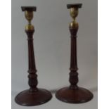 A Pair of 19th Century Mahogany Candlesticks with Brass Candle Sconces Supported on A Fluted Column