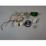 A Collection of Costume Jewellery to include Baccarat style Green Glass Ring, Jewelled Earrings,