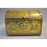 An Arts and Crafts Dome Topped Casket in Copper and Brass with Ring Carrying Handles and Inset Blue