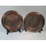 Two Early 20th Century Cairo Ware Copper and Inlaid Silver Plaques, One with Three Ball Feet. 24.