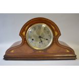 An Art Nouveau Inlaid Mahogany Westminster Chime Mantle Clock. 45cms Wide.