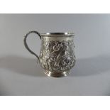 A Georgian Silver Christening Mug with Embossed Decoration of Birds and Flowers and with Cartouche