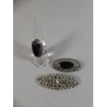 A SIlver, Marcasite and Onyx Brooch with Similar Ring and Scarf Clasp.