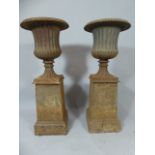 A Pair of 19th Century Cast Iron Garden Urns on Tapering Square Plinths. Both AF.