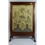 A 19th Century Silk Embroidered Chinoiserie Panel set in later Mahogany Fire Screen Frame.